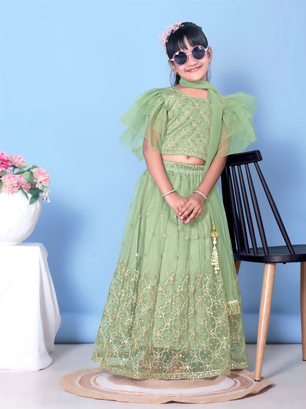 Girls Net Lehenga Choli Embroidered Party Wear Ethnic Dress Kids Wedding