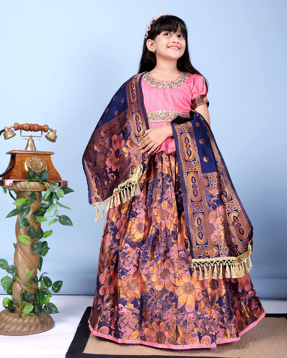 Girls Designer Floral Lehenga Choli Set with Dupatta – Silk Festive Party Wear Ethnic Outfit for Kids