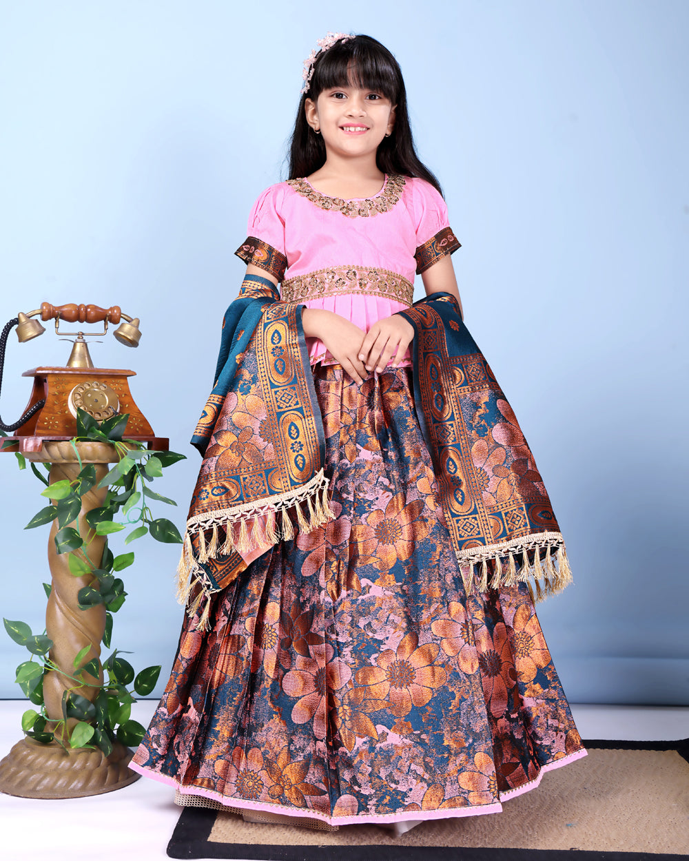 Girls Designer Floral Lehenga Choli Set with Dupatta – Silk Festive Party Wear Ethnic Outfit for Kids