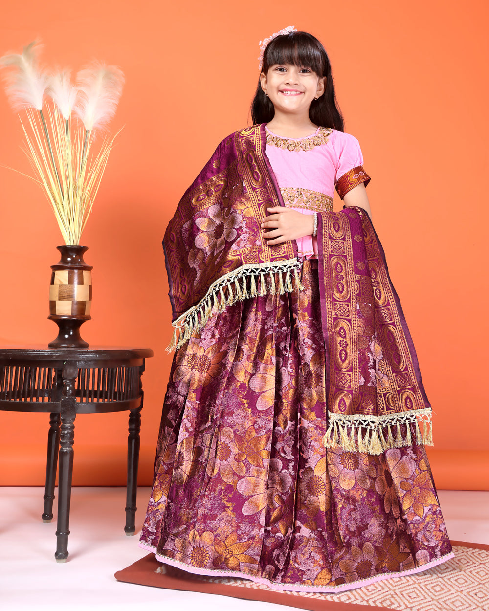 Girls Designer Floral Lehenga Choli Set with Dupatta – Silk Festive Party Wear Ethnic Outfit for Kids