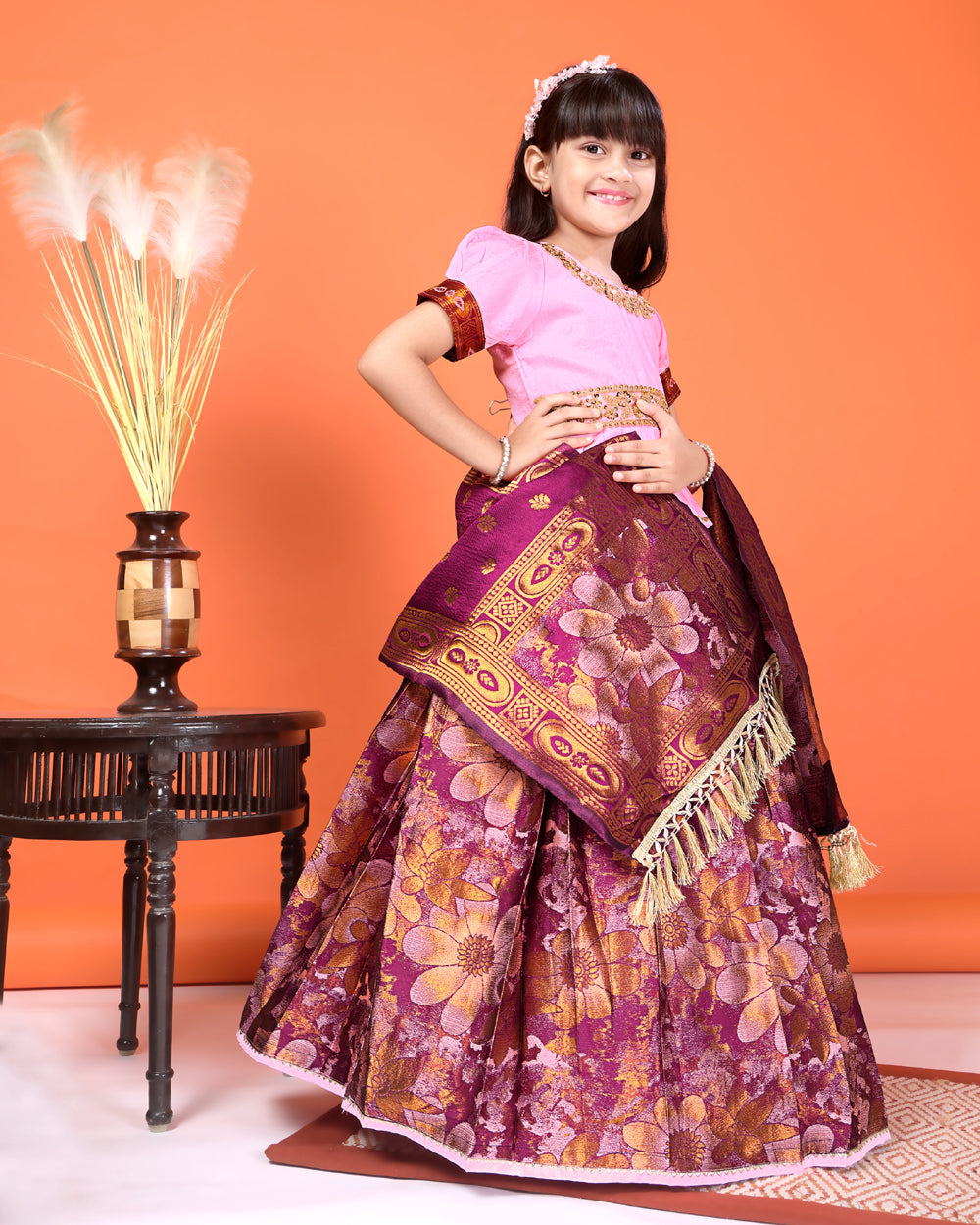 Girls Designer Floral Lehenga Choli Set with Dupatta – Silk Festive Party Wear Ethnic Outfit for Kids