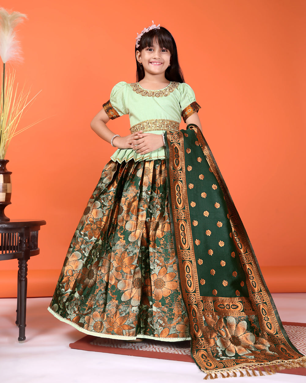 Girls Designer Floral Lehenga Choli Set with Dupatta – Silk Festive Party Wear Ethnic Outfit for Kids