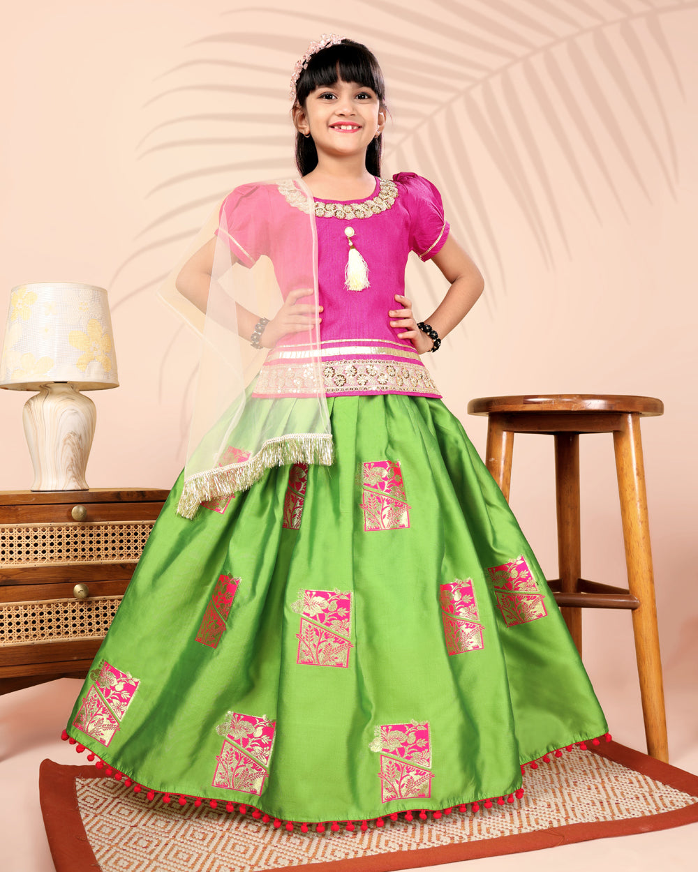 Girls Silk Lehenga Choli Set with Dupatta – Designer Festive Ethnic Wear for Kids Wedding, Party & Navratri Outfit