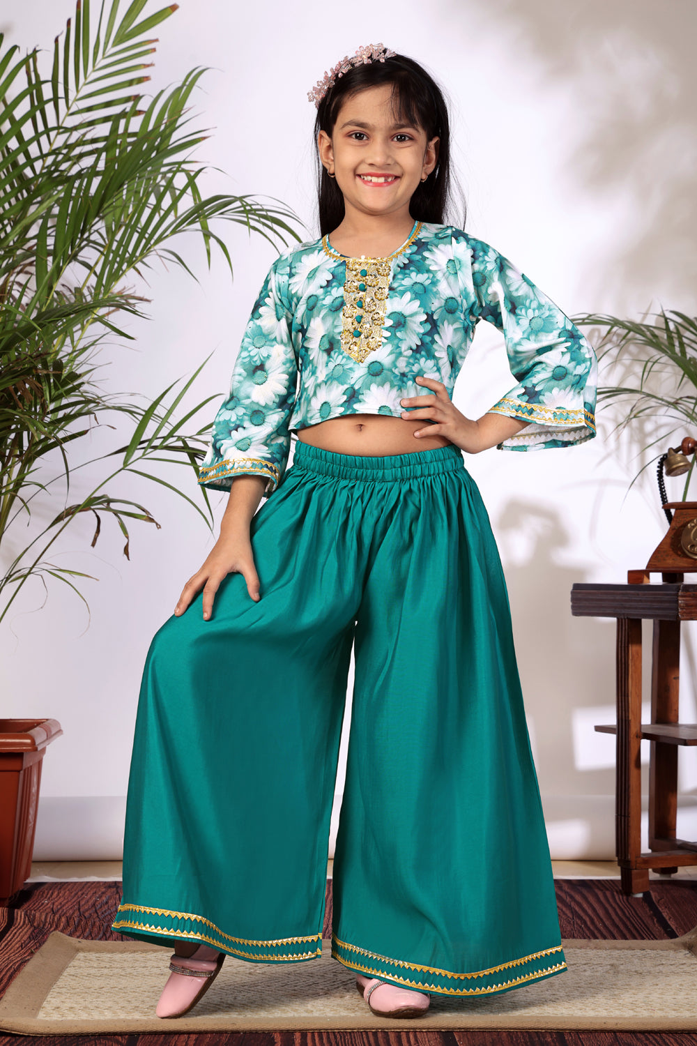 Girls Crop Top Palazzo Set – Designer Kids Ethnic Co-Ord Outfit for Festive, Wedding & Party Wear
