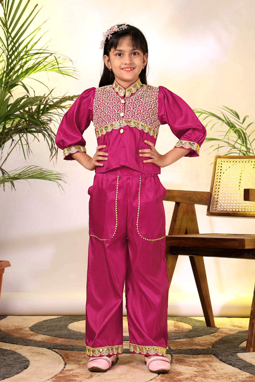 Girls Ethnic Co-Ord Set with Embroidered Jacket Style Top & Palazzo Pants – Kids Festive & Party Wear Outfit