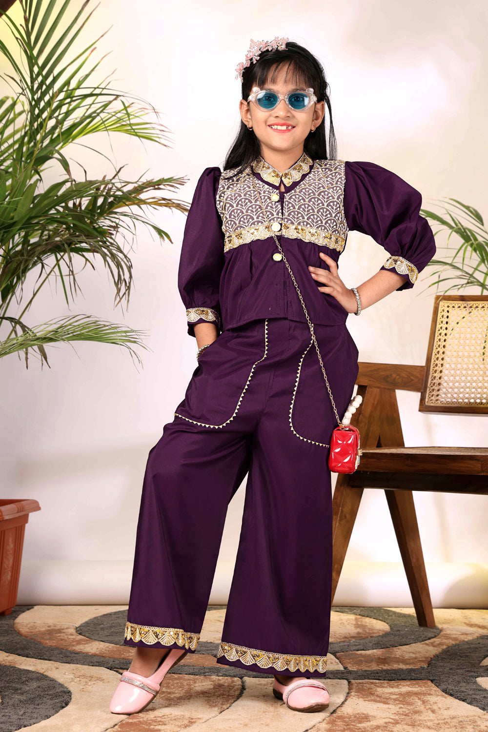 Girls Ethnic Co-Ord Set with Embroidered Jacket Style Top & Palazzo Pants – Kids Festive & Party Wear Outfit
