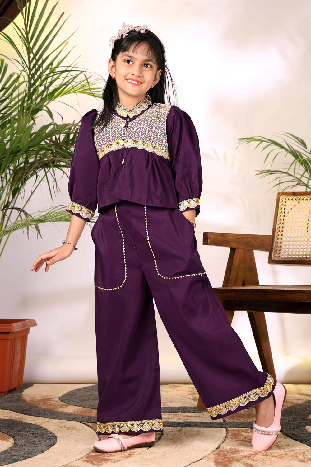 Girls Ethnic Co-Ord Set with Embroidered Jacket Style Top & Palazzo Pants – Kids Festive & Party Wear Outfit