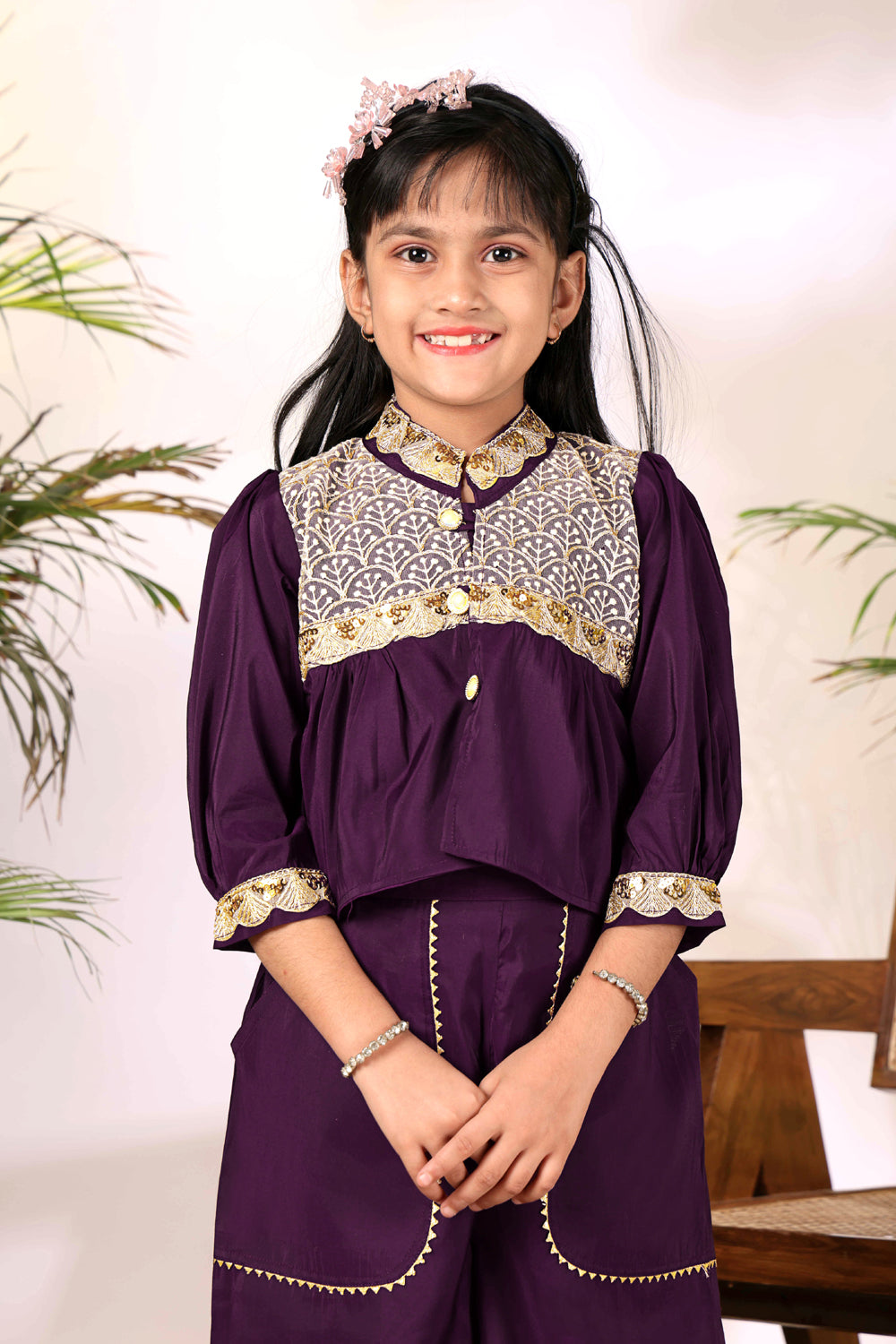 Girls Ethnic Co-Ord Set with Embroidered Jacket Style Top & Palazzo Pants – Kids Festive & Party Wear Outfit