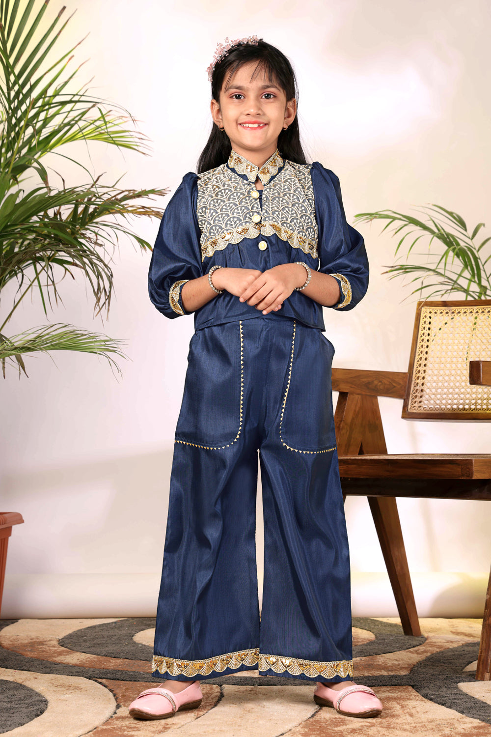 Girls Ethnic Co-Ord Set with Embroidered Jacket Style Top & Palazzo Pants – Kids Festive & Party Wear Outfit