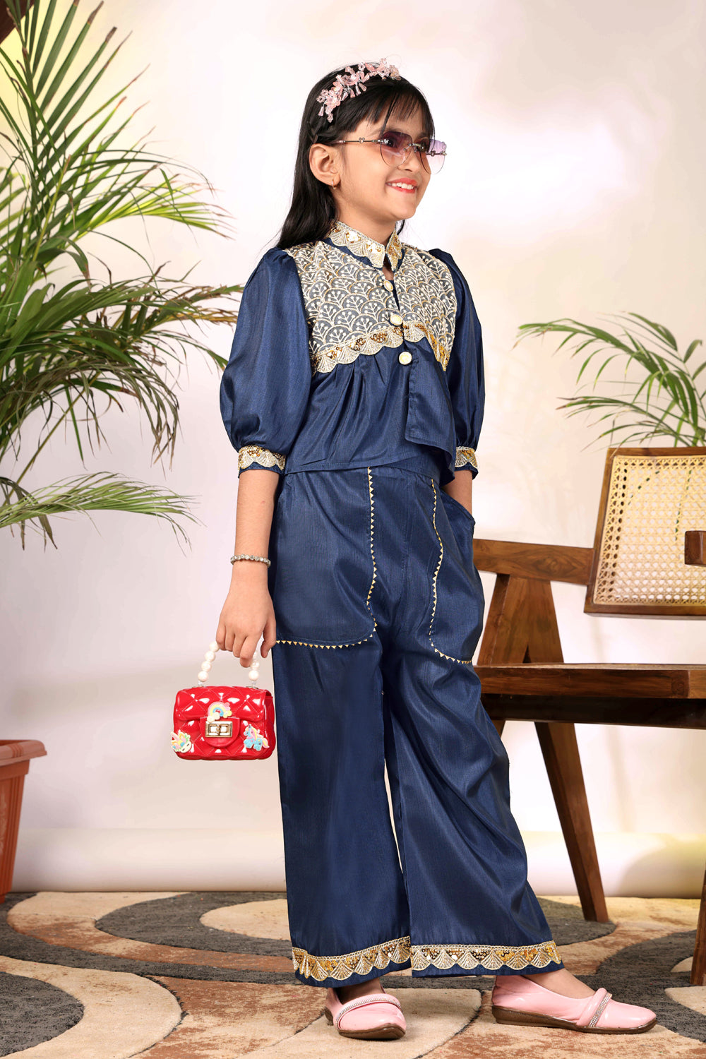 Girls Ethnic Co-Ord Set with Embroidered Jacket Style Top & Palazzo Pants – Kids Festive & Party Wear Outfit