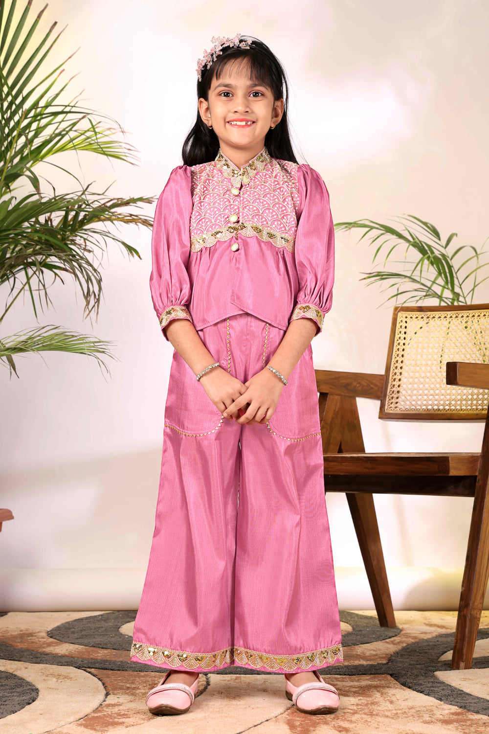 Girls Ethnic Co-Ord Set with Embroidered Jacket Style Top & Palazzo Pants – Kids Festive & Party Wear Outfit