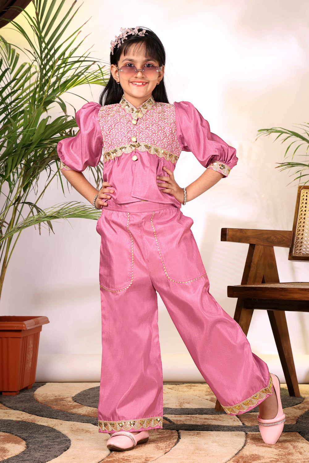 Girls Ethnic Co-Ord Set with Embroidered Jacket Style Top & Palazzo Pants – Kids Festive & Party Wear Outfit