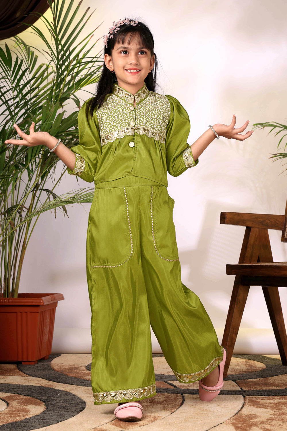 Girls Ethnic Co-Ord Set with Embroidered Jacket Style Top & Palazzo Pants – Kids Festive & Party Wear Outfit