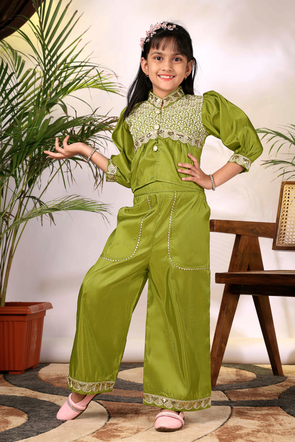 Girls Ethnic Co-Ord Set with Embroidered Jacket Style Top & Palazzo Pants – Kids Festive & Party Wear Outfit