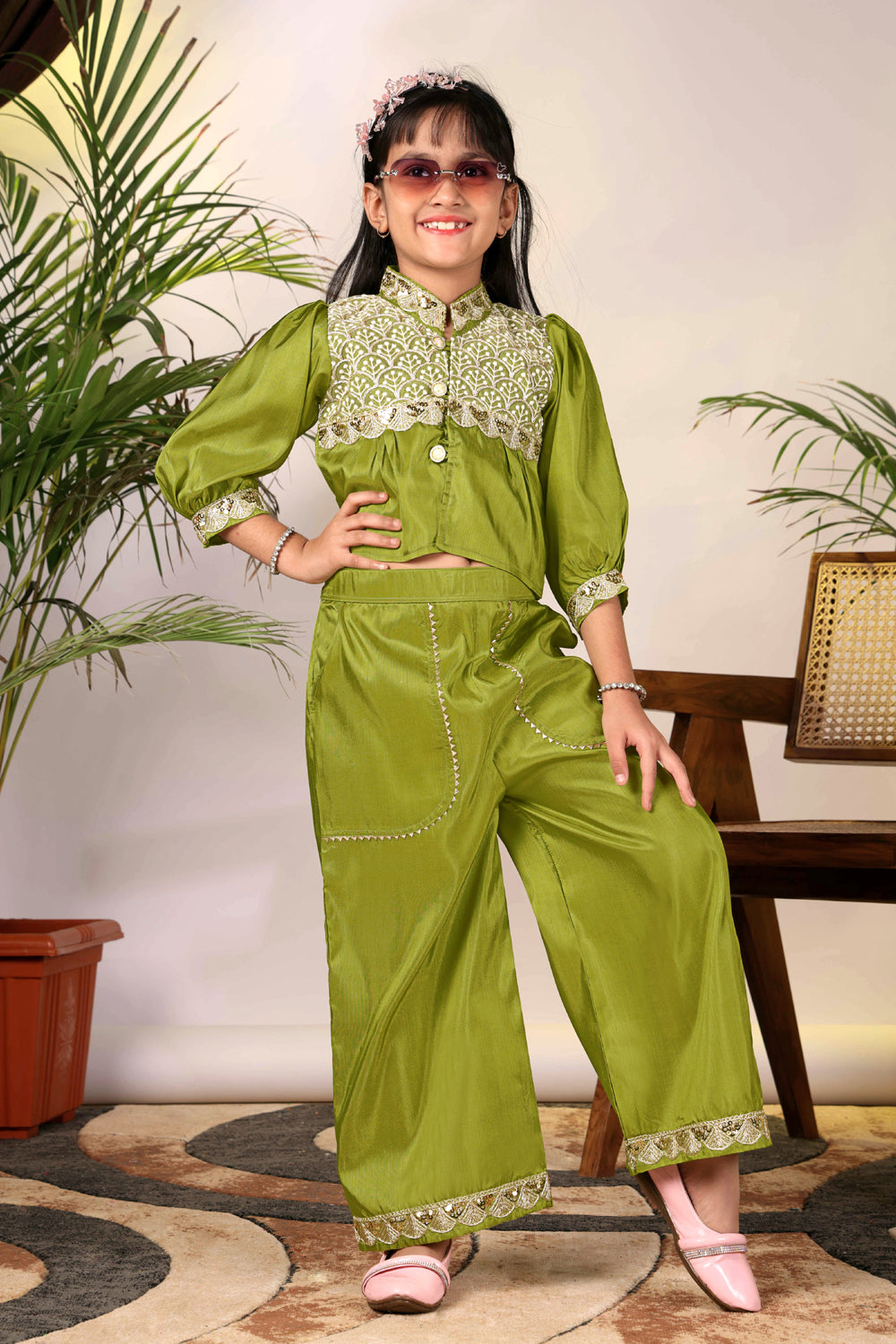 Girls Ethnic Co-Ord Set with Embroidered Jacket Style Top & Palazzo Pants – Kids Festive & Party Wear Outfit