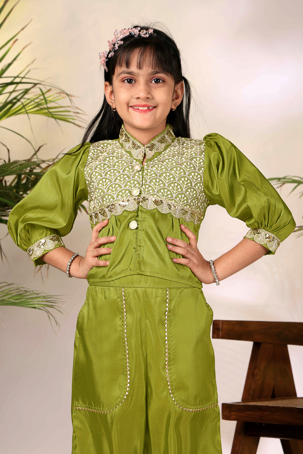 Girls Ethnic Co-Ord Set with Embroidered Jacket Style Top & Palazzo Pants – Kids Festive & Party Wear Outfit