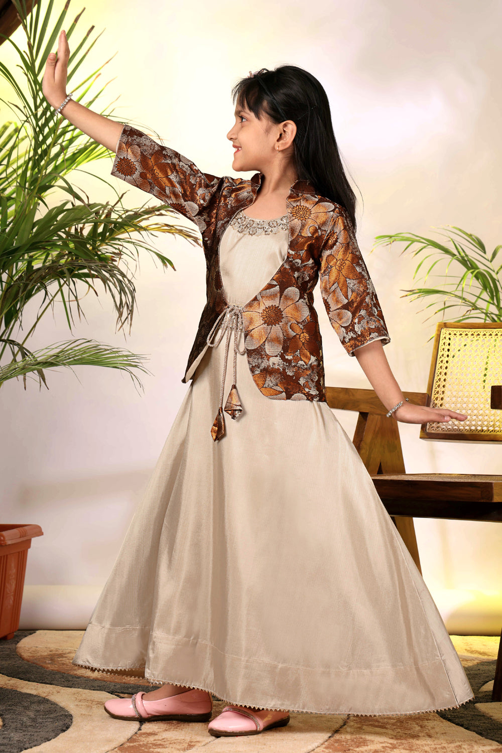 Girls Ethnic Gown with Designer Koti Jacket – Kids Festive Wear Dress | Party Wear Lehenga Style Gown for Girls