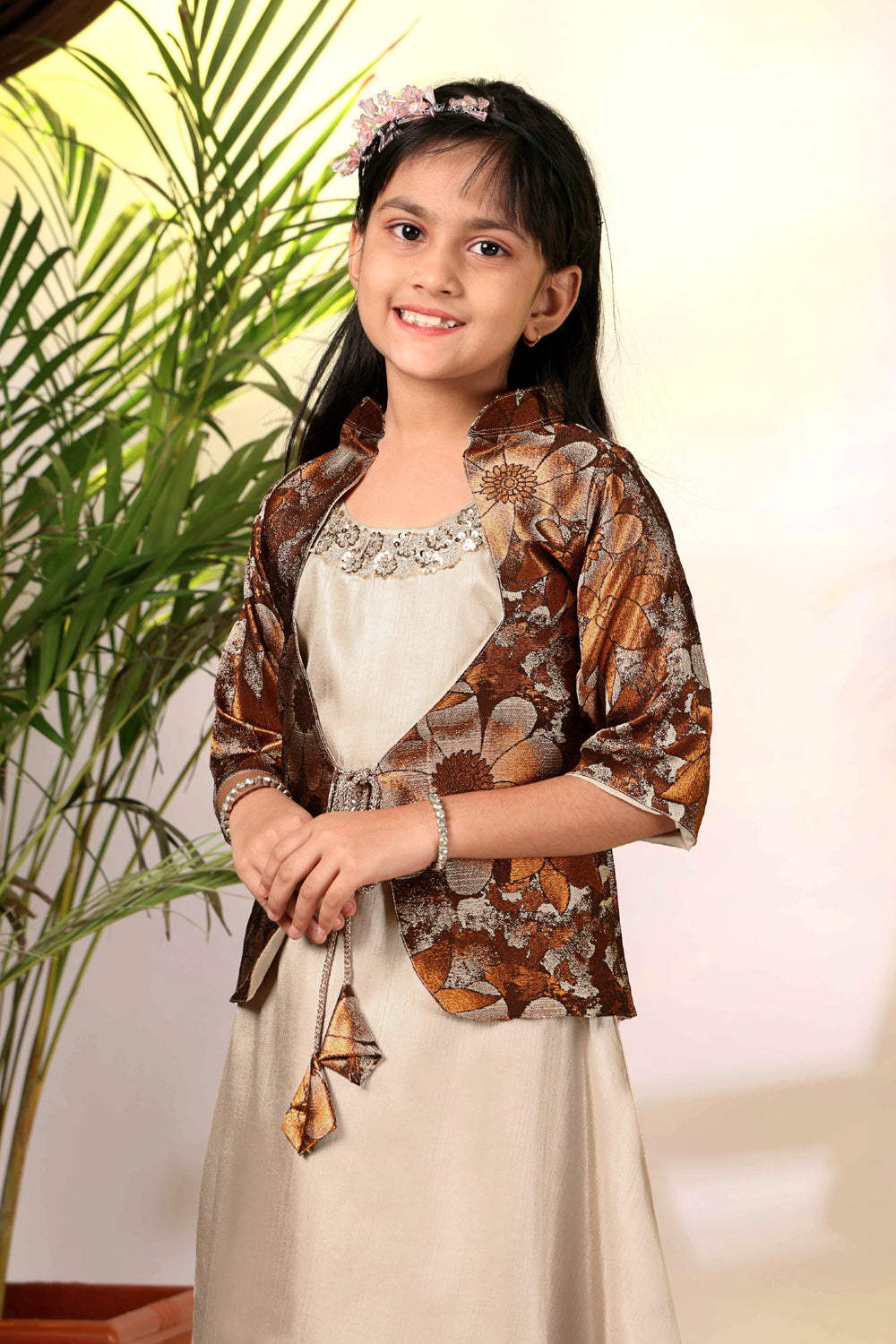 Girls Ethnic Gown with Designer Koti Jacket – Kids Festive Wear Dress | Party Wear Lehenga Style Gown for Girls