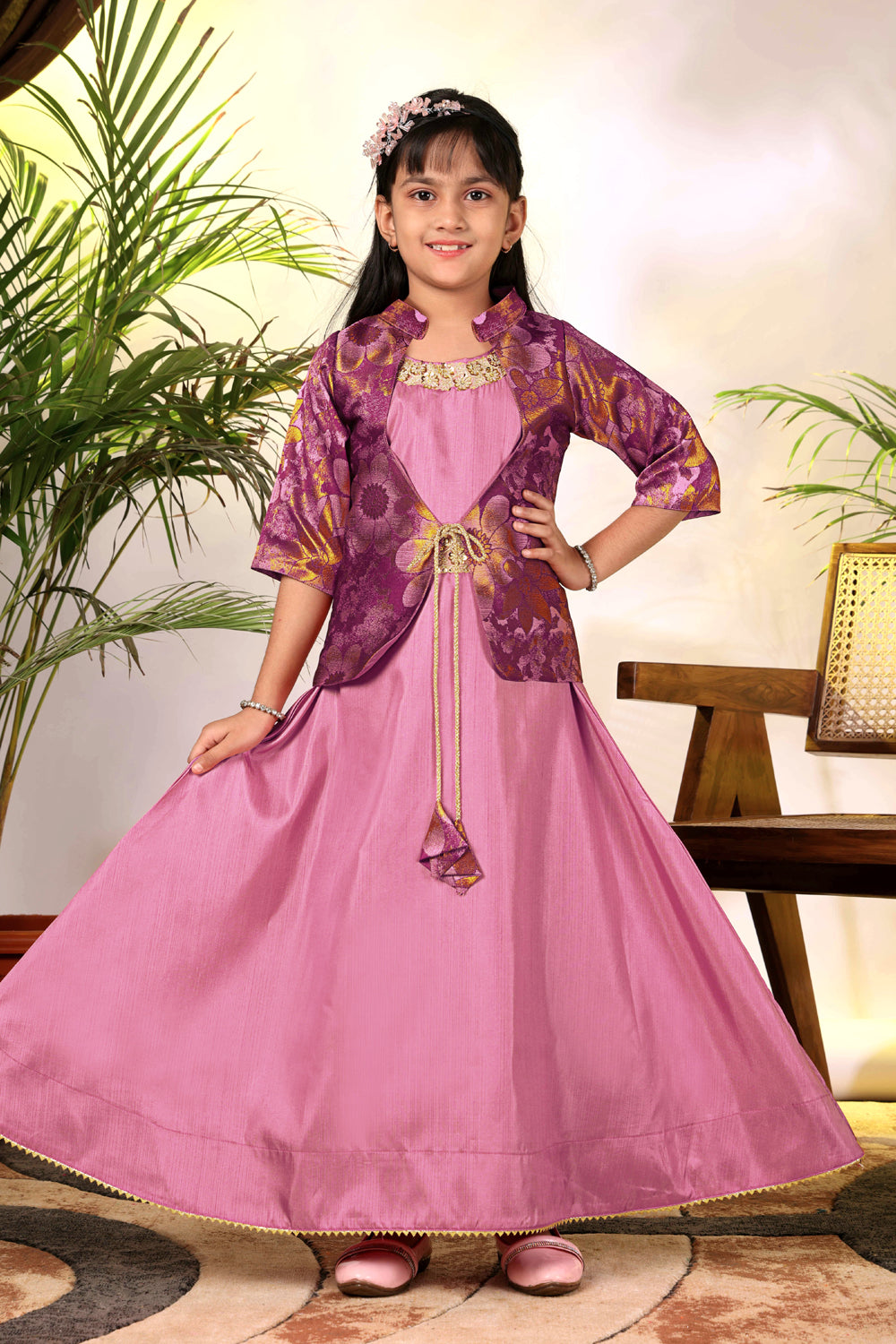 Girls Ethnic Gown with Designer Koti Jacket – Kids Festive Wear Dress | Party Wear Lehenga Style Gown for Girls