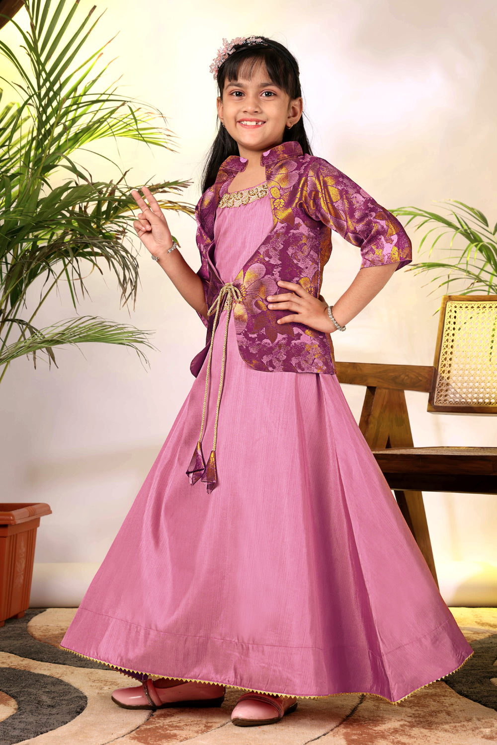Girls Ethnic Gown with Designer Koti Jacket – Kids Festive Wear Dress | Party Wear Lehenga Style Gown for Girls