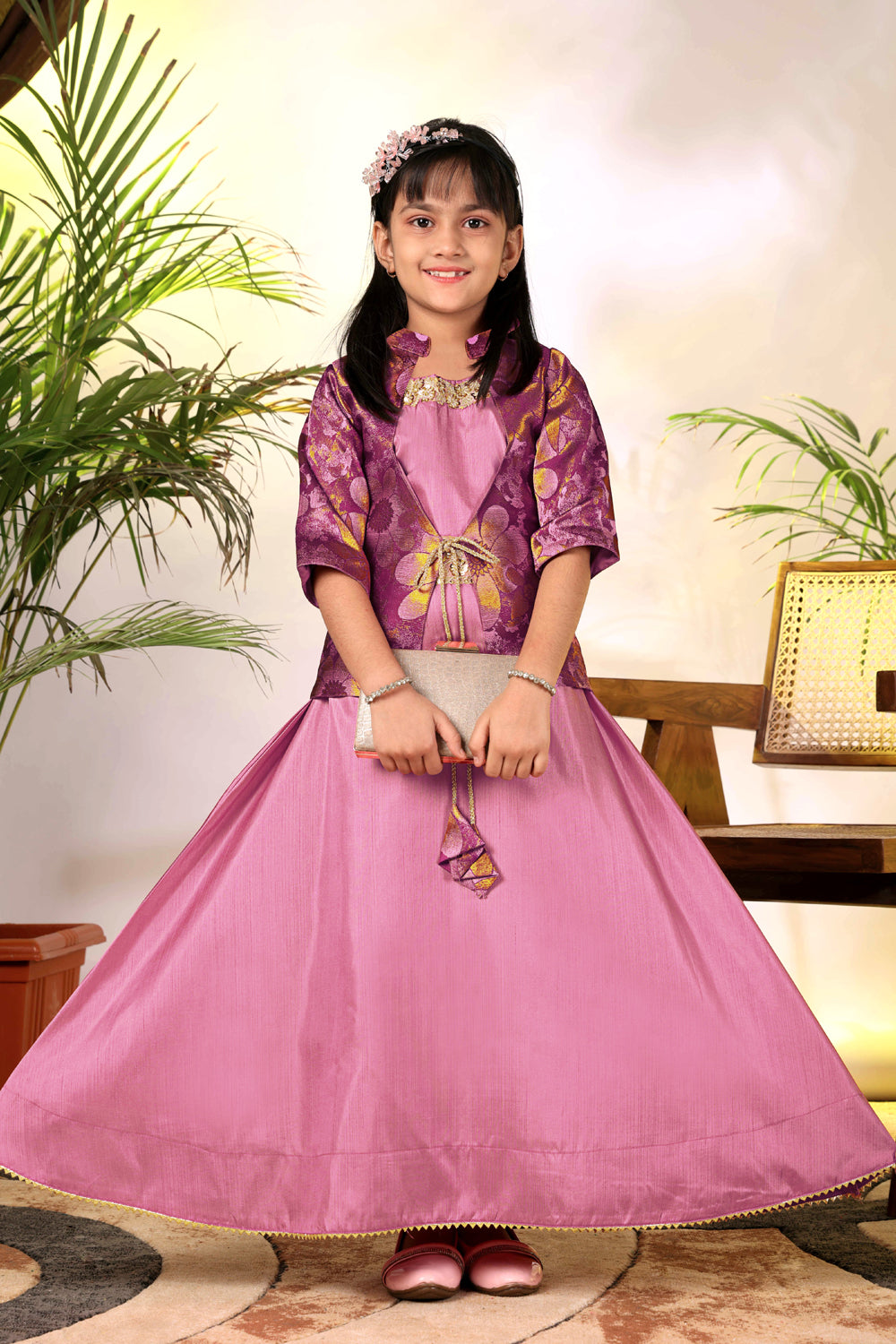 Girls Ethnic Gown with Designer Koti Jacket – Kids Festive Wear Dress | Party Wear Lehenga Style Gown for Girls
