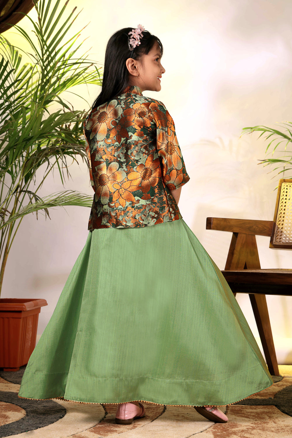Girls Ethnic Gown with Designer Koti Jacket – Kids Festive Wear Dress | Party Wear Lehenga Style Gown for Girls