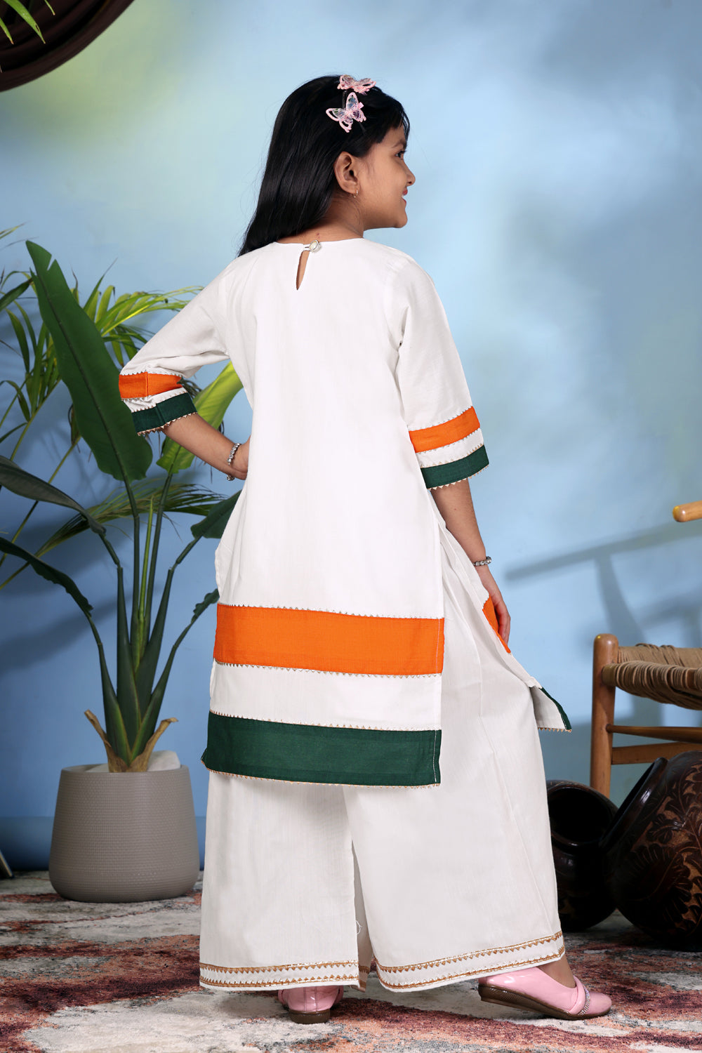 Girls White Kurta Palazzo Set with Tricolor Design – Kids Independence Day Dress | Republic Day Ethnic Wear for Girls