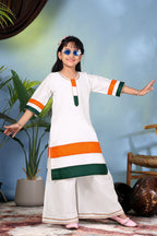 Girls White Kurta Palazzo Set with Tricolor Design – Kids Independence Day Dress | Republic Day Ethnic Wear for Girls
