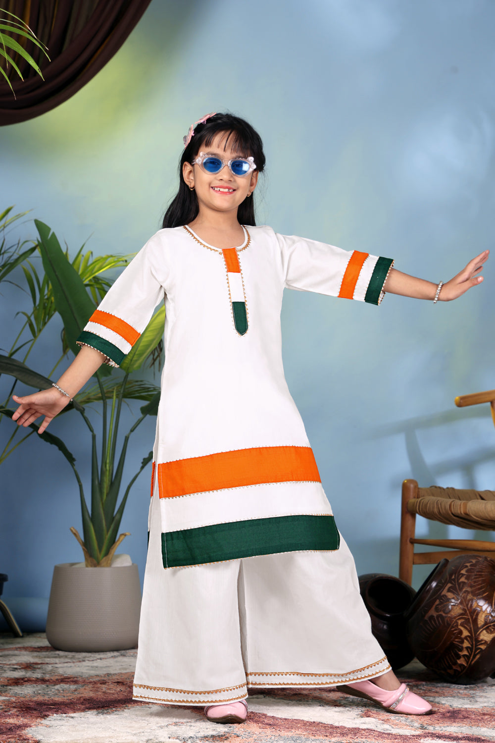 Girls White Kurta Palazzo Set with Tricolor Design – Kids Independence Day Dress | Republic Day Ethnic Wear for Girls