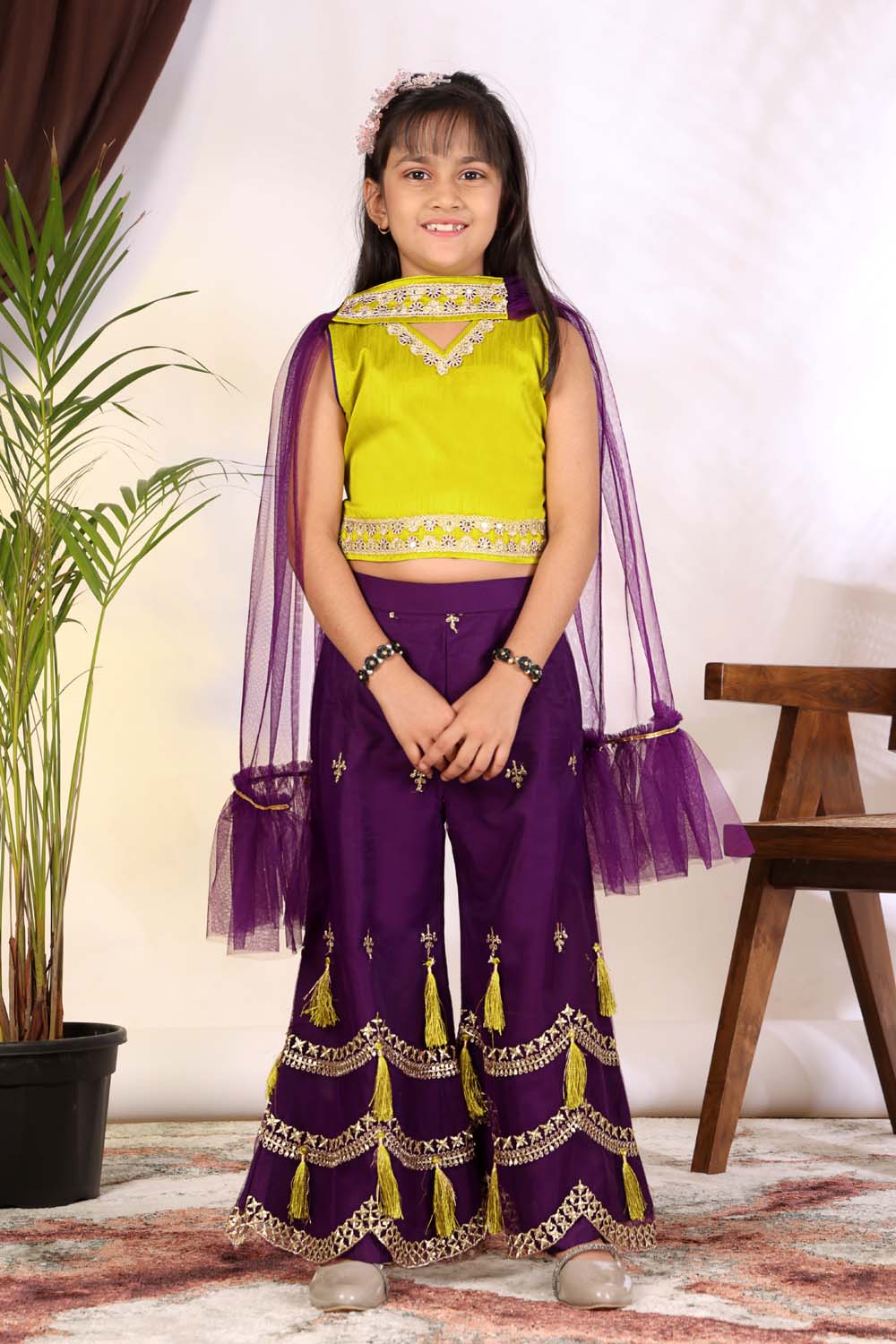 Girls Indo Western Palazzo Set with Tassel Detail & Dupatta