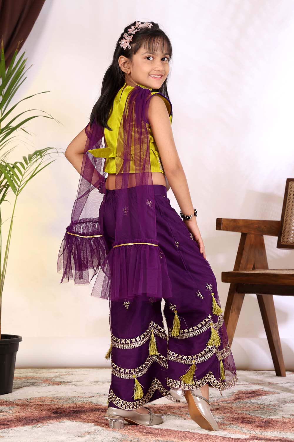 Girls Indo Western Palazzo Set with Tassel Detail & Dupatta
