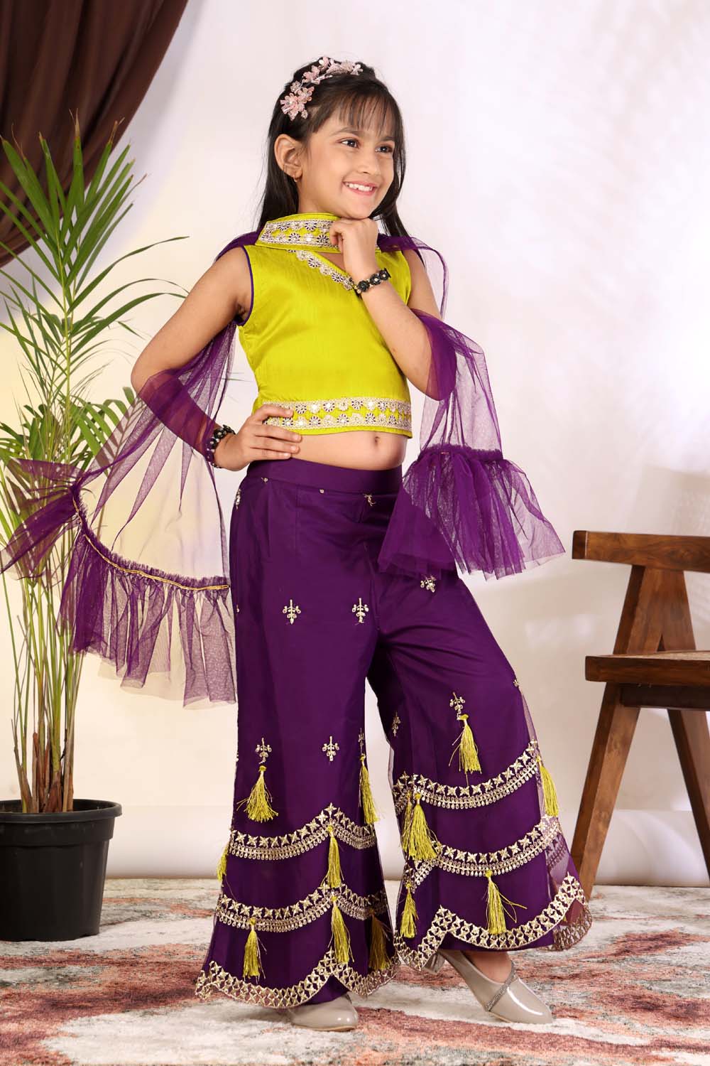 Girls Indo Western Palazzo Set with Tassel Detail & Dupatta
