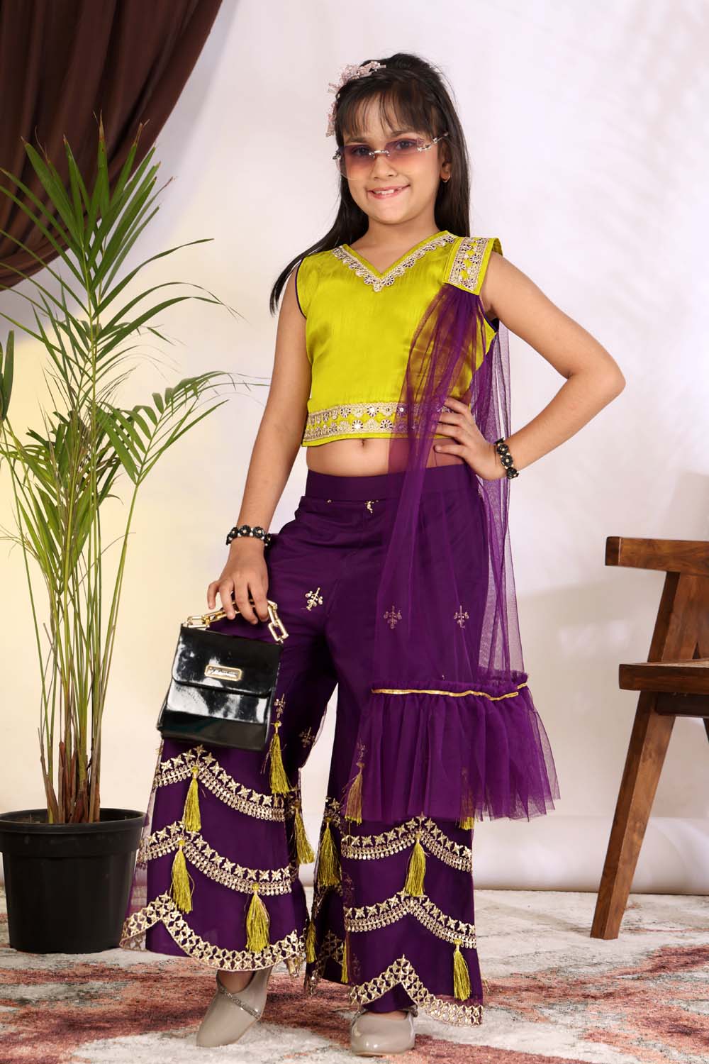 Girls Indo Western Palazzo Set with Tassel Detail & Dupatta