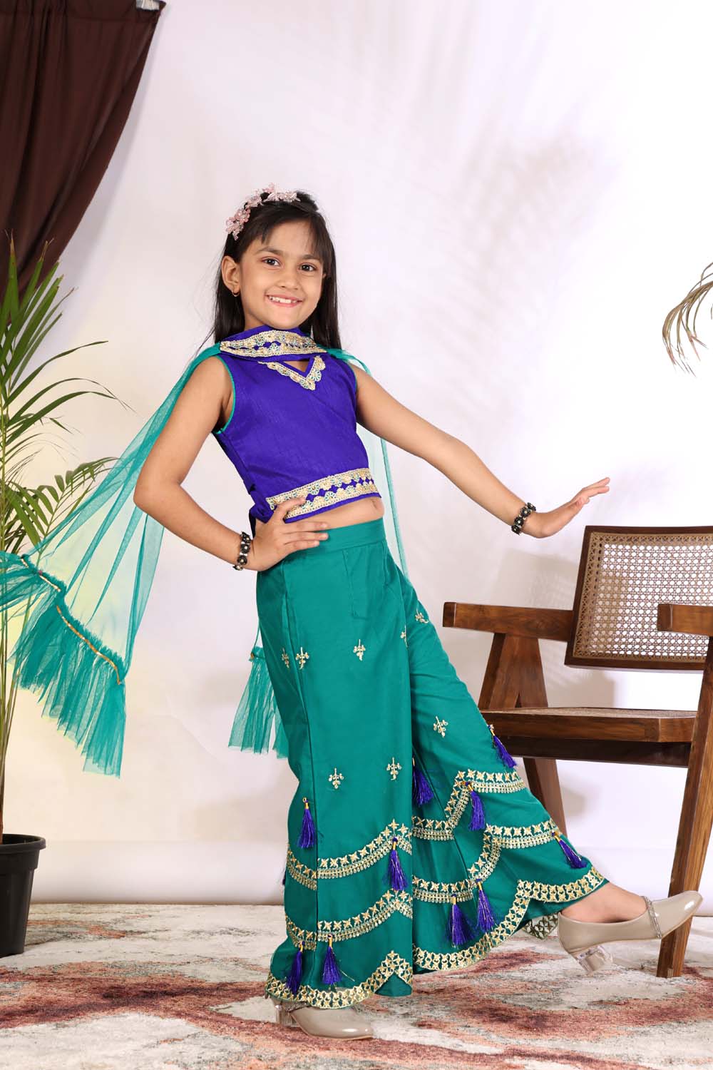 Girls Indo Western Palazzo Set with Tassel Detail & Dupatta