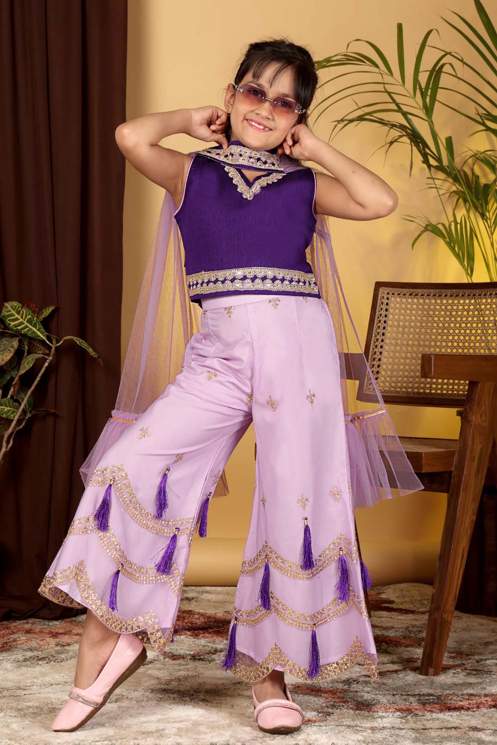 Girls Indo Western Palazzo Set with Tassel Detail & Dupatta