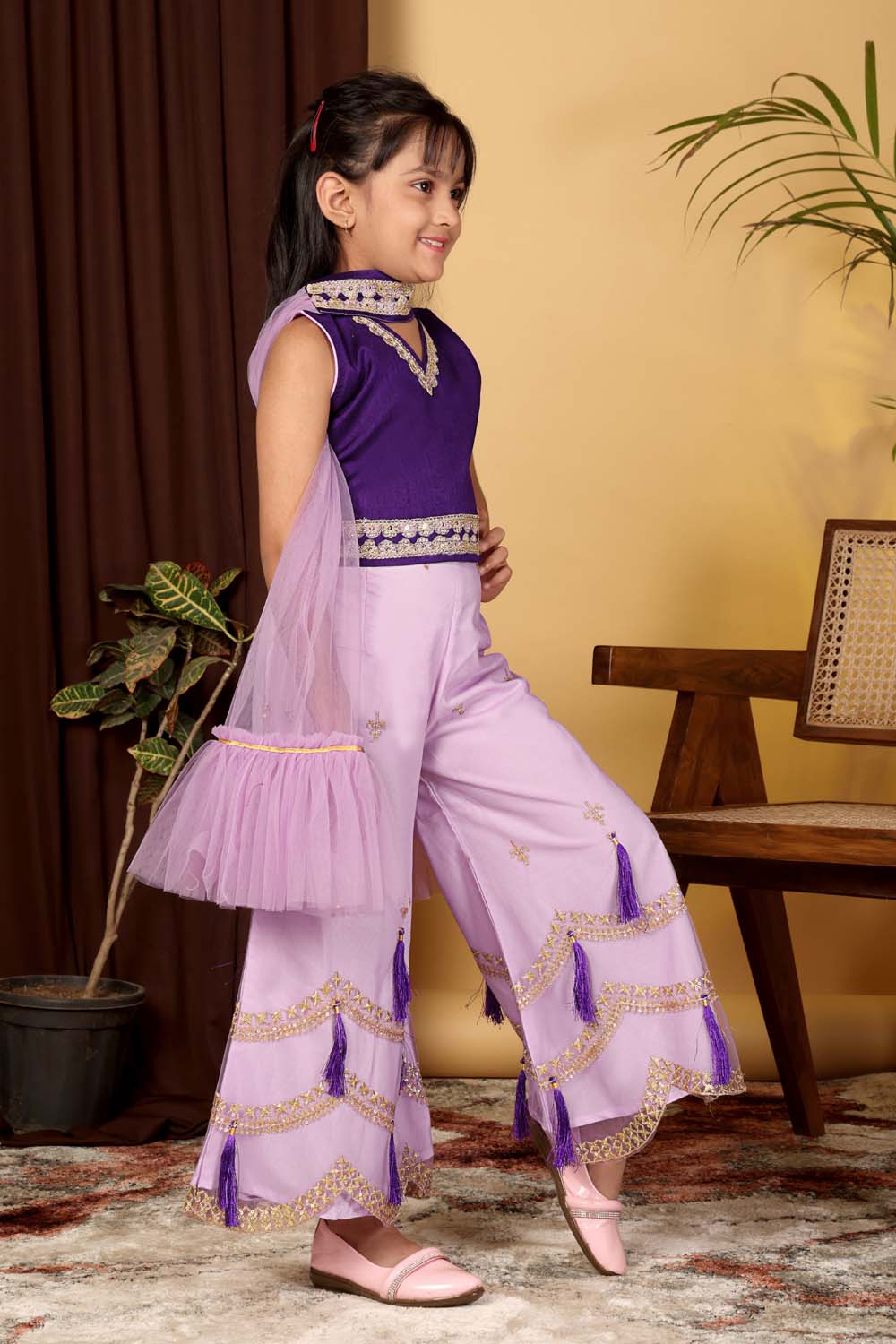 Girls Indo Western Palazzo Set with Tassel Detail & Dupatta