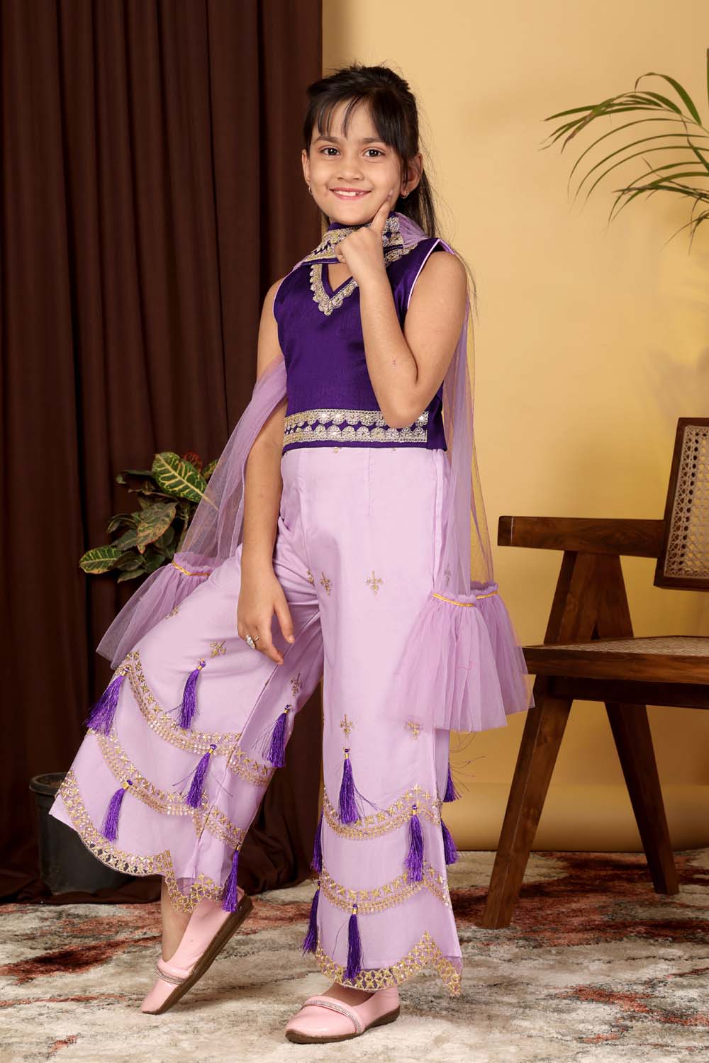 Girls Indo Western Palazzo Set with Tassel Detail & Dupatta