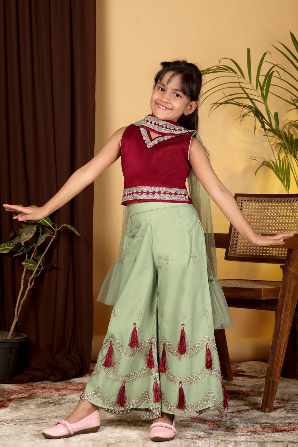 Girls Indo Western Palazzo Set with Tassel Detail & Dupatta