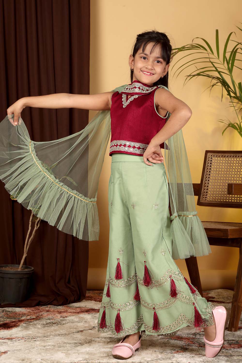 Girls Indo Western Palazzo Set with Tassel Detail & Dupatta