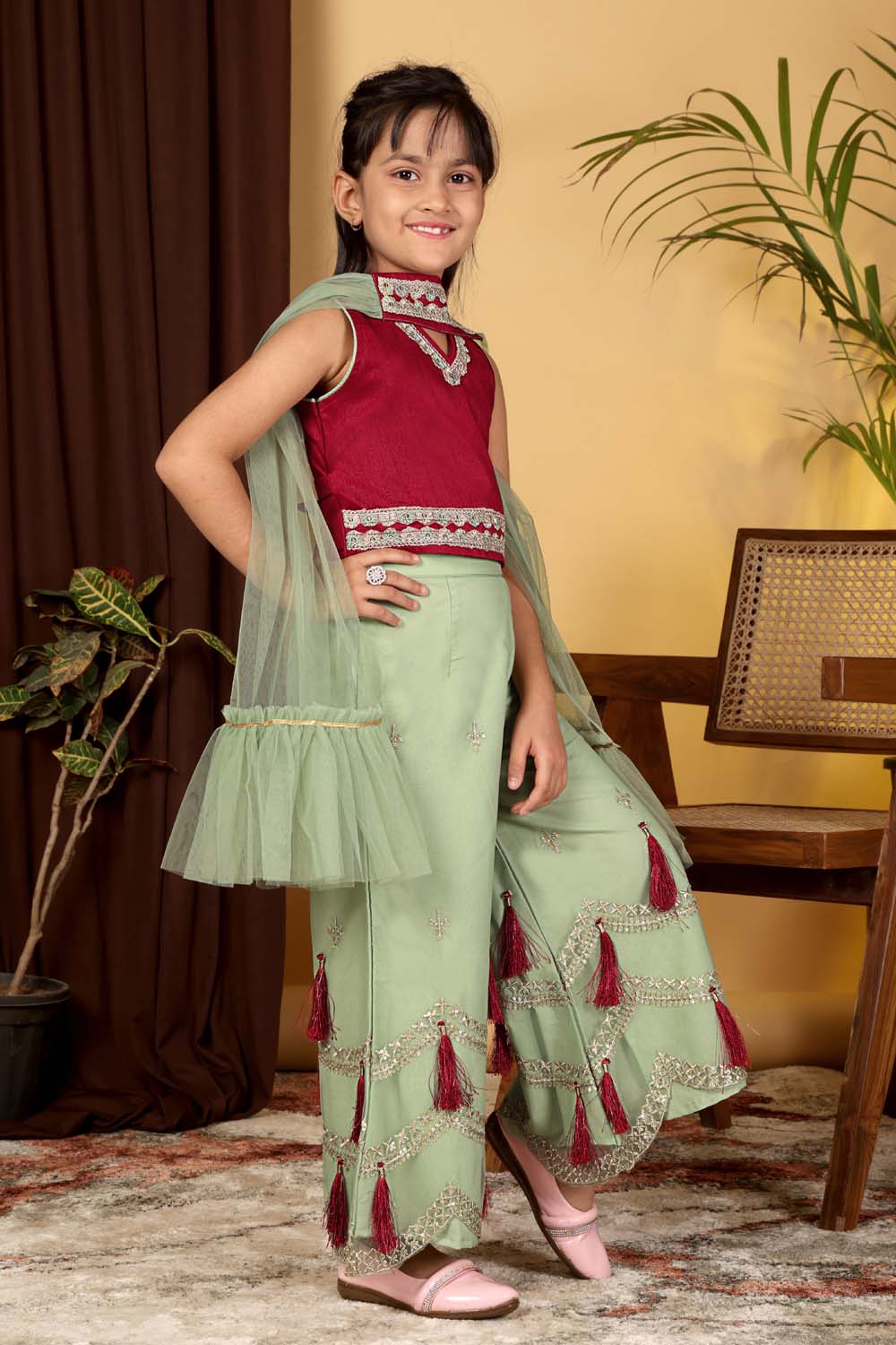 Girls Indo Western Palazzo Set with Tassel Detail & Dupatta