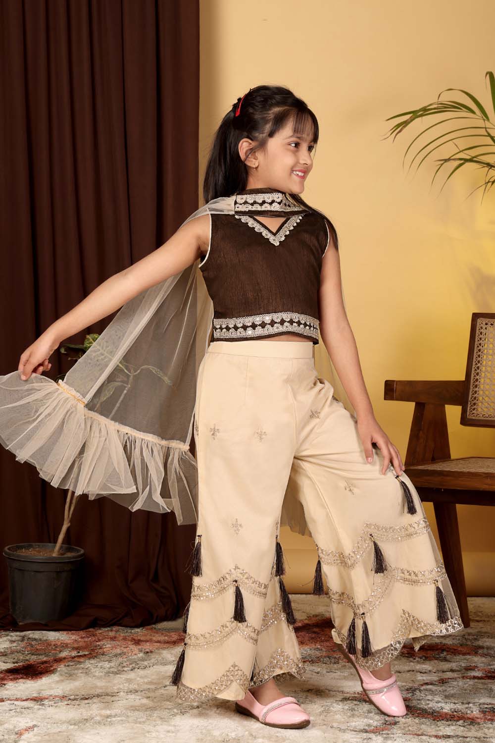 Girls Indo Western Palazzo Set with Tassel Detail & Dupatta