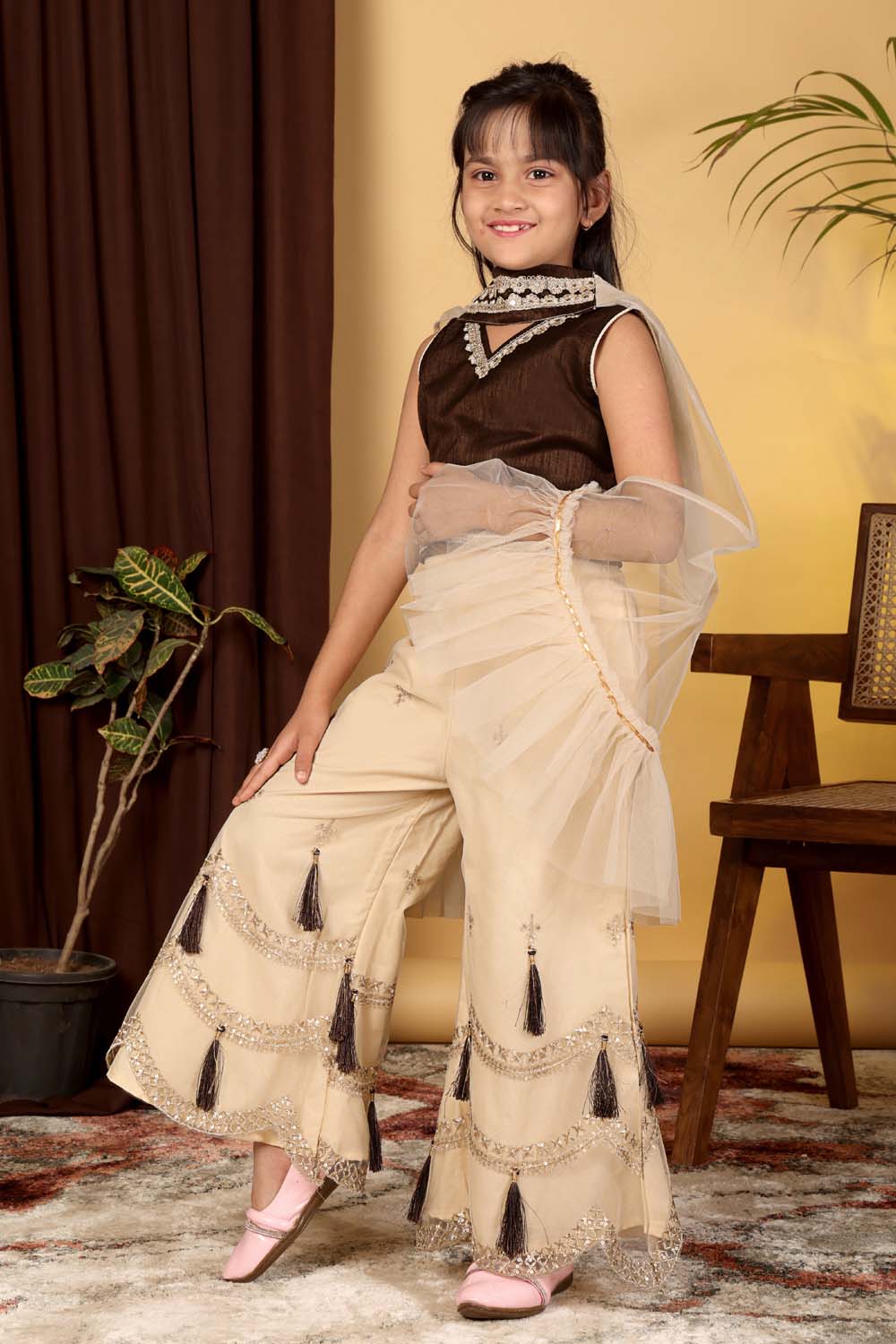 Girls Indo Western Palazzo Set with Tassel Detail & Dupatta