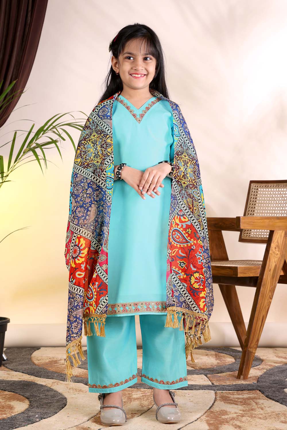 Girls Kurta Palazzo Set with Printed Dupatta – Kids Ethnic Wear Suit | Festive & Party Wear Dress for Girls