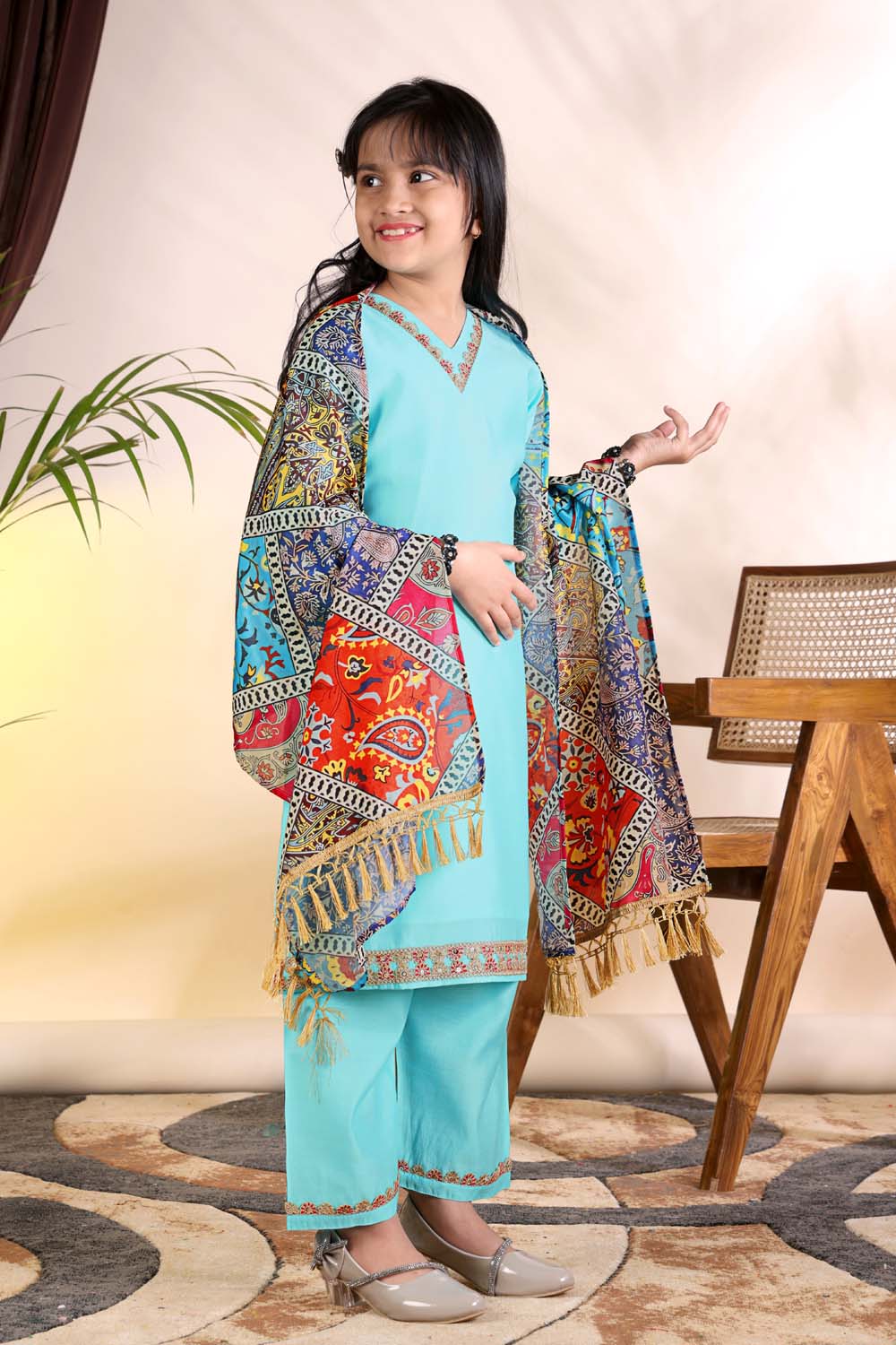 Girls Kurta Palazzo Set with Printed Dupatta – Kids Ethnic Wear Suit | Festive & Party Wear Dress for Girls