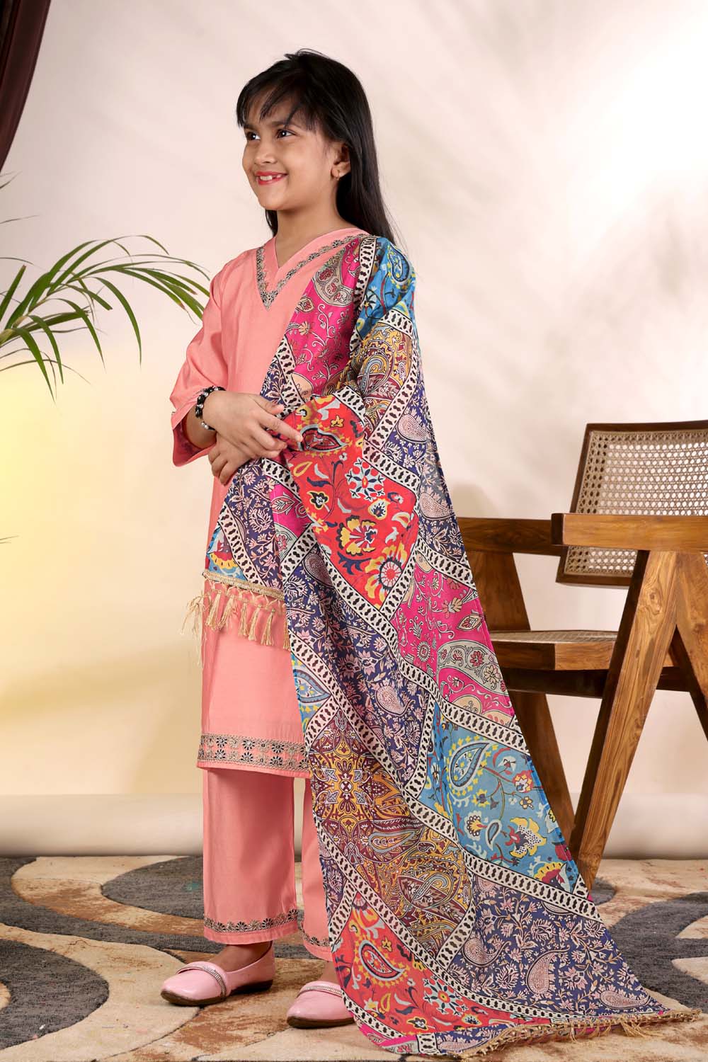 Girls Kurta Palazzo Set with Printed Dupatta – Kids Ethnic Wear Suit | Festive & Party Wear Dress for Girls