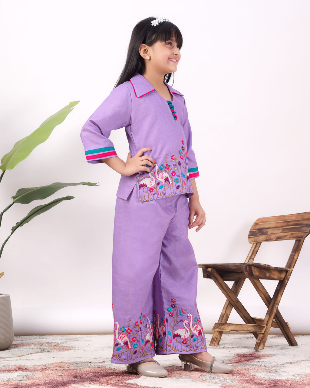 Girls Flamingo Embroidered Co-Ord Set with Wide Leg Pants | Premium Kids Ethnic Wear