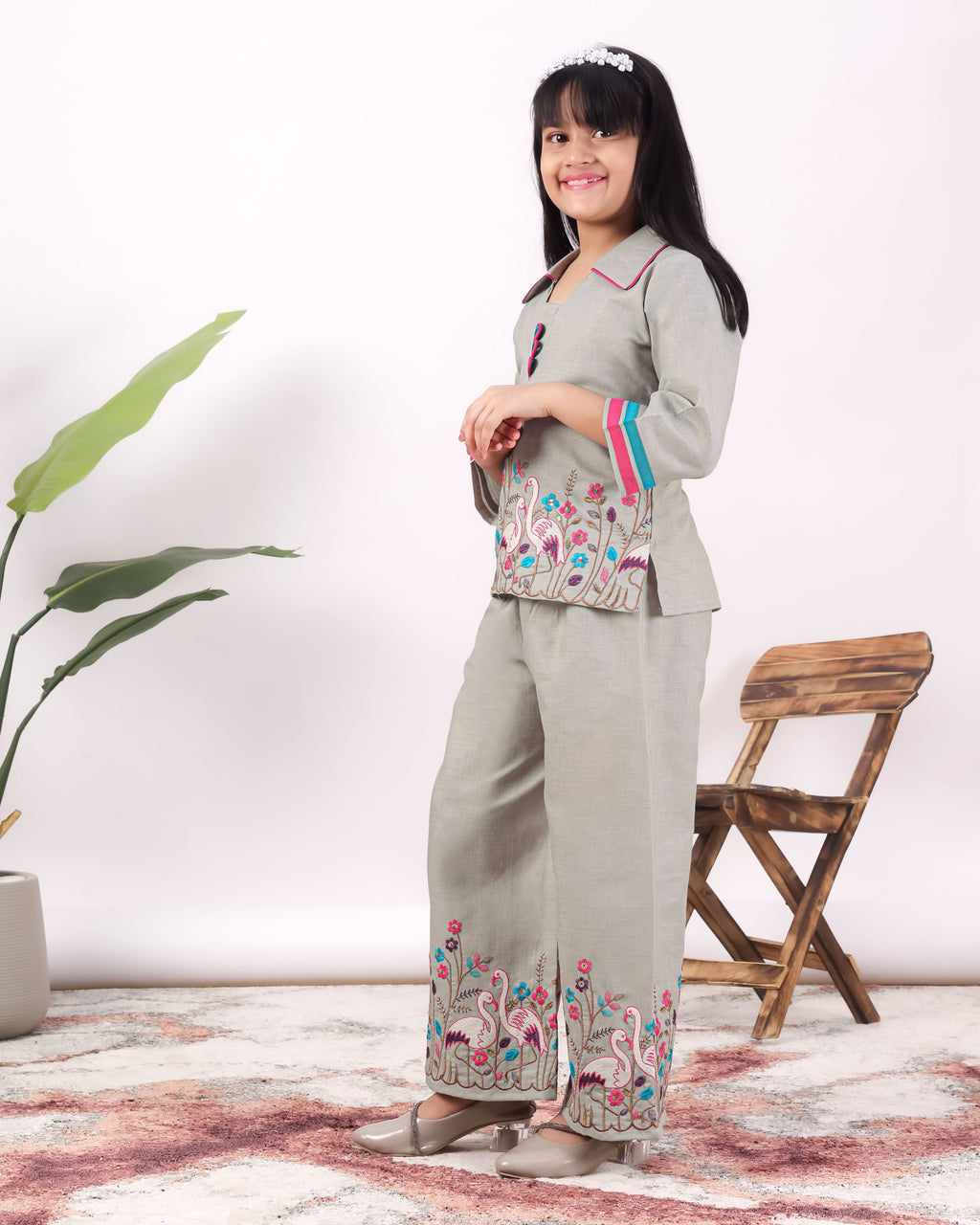 Girls Flamingo Embroidered Co-Ord Set with Wide Leg Pants | Premium Kids Ethnic Wear