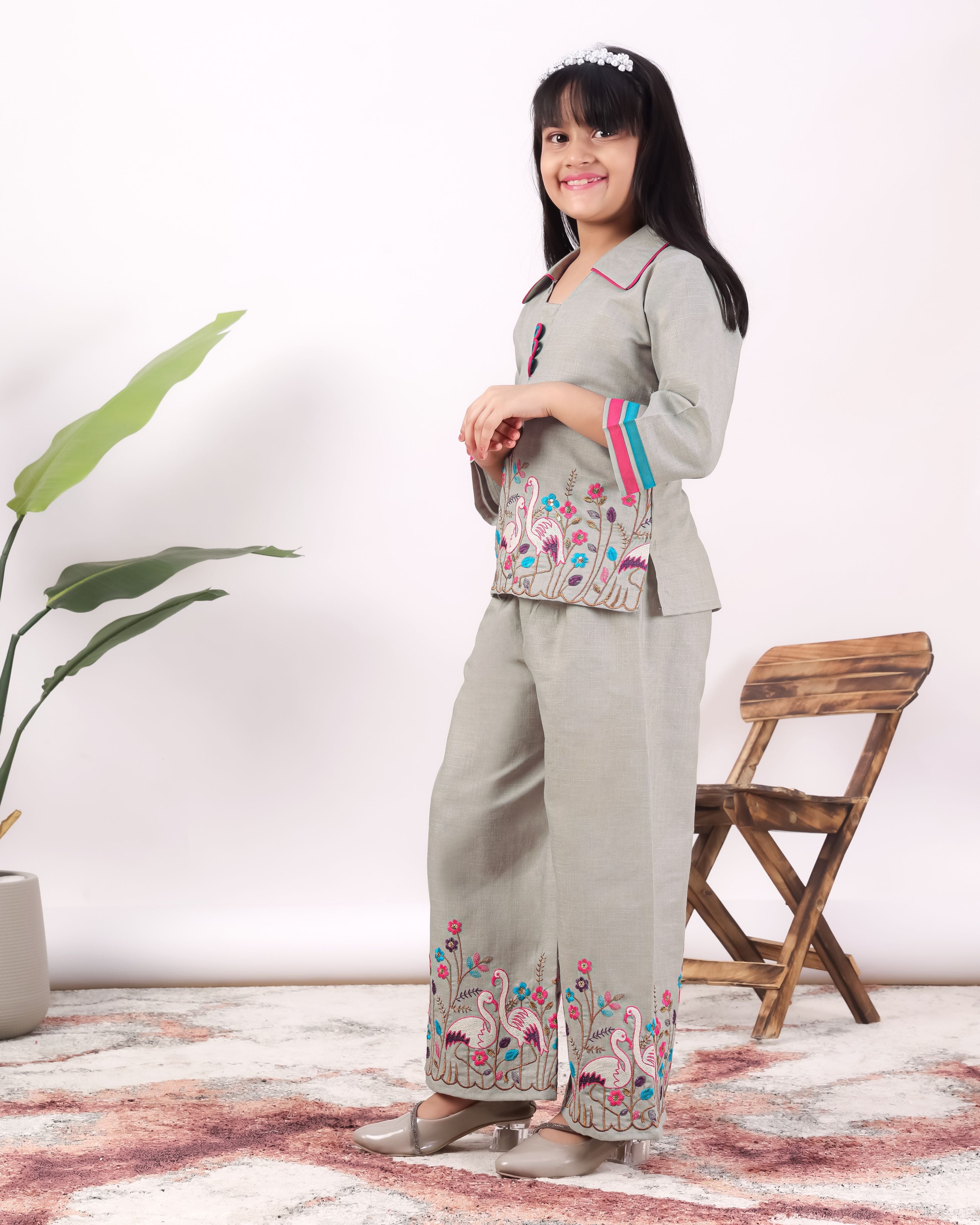 Girls Flamingo Embroidered Co-Ord Set with Wide Leg Pants | Premium Kids Ethnic Wear