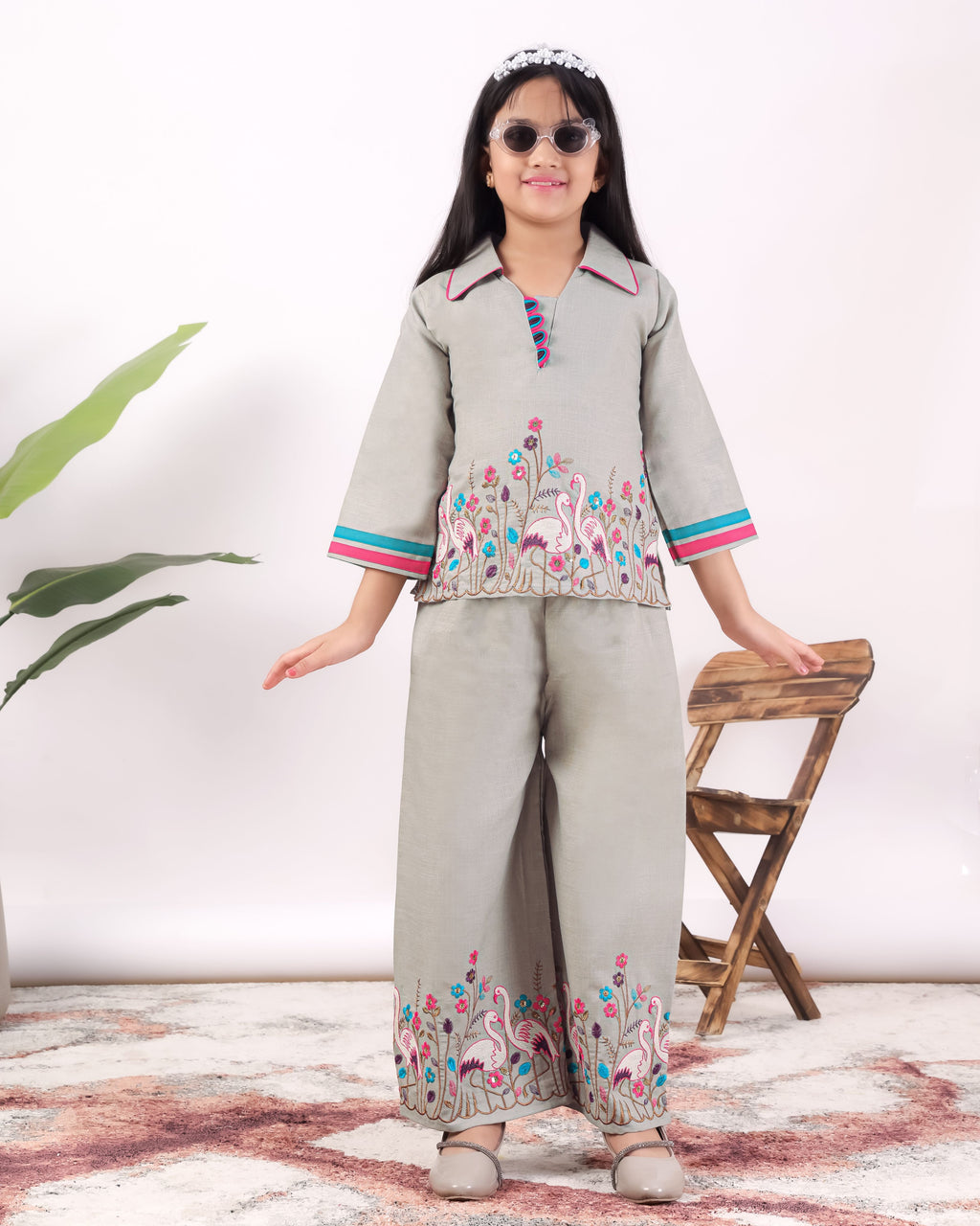 Girls Flamingo Embroidered Co-Ord Set with Wide Leg Pants | Premium Kids Ethnic Wear