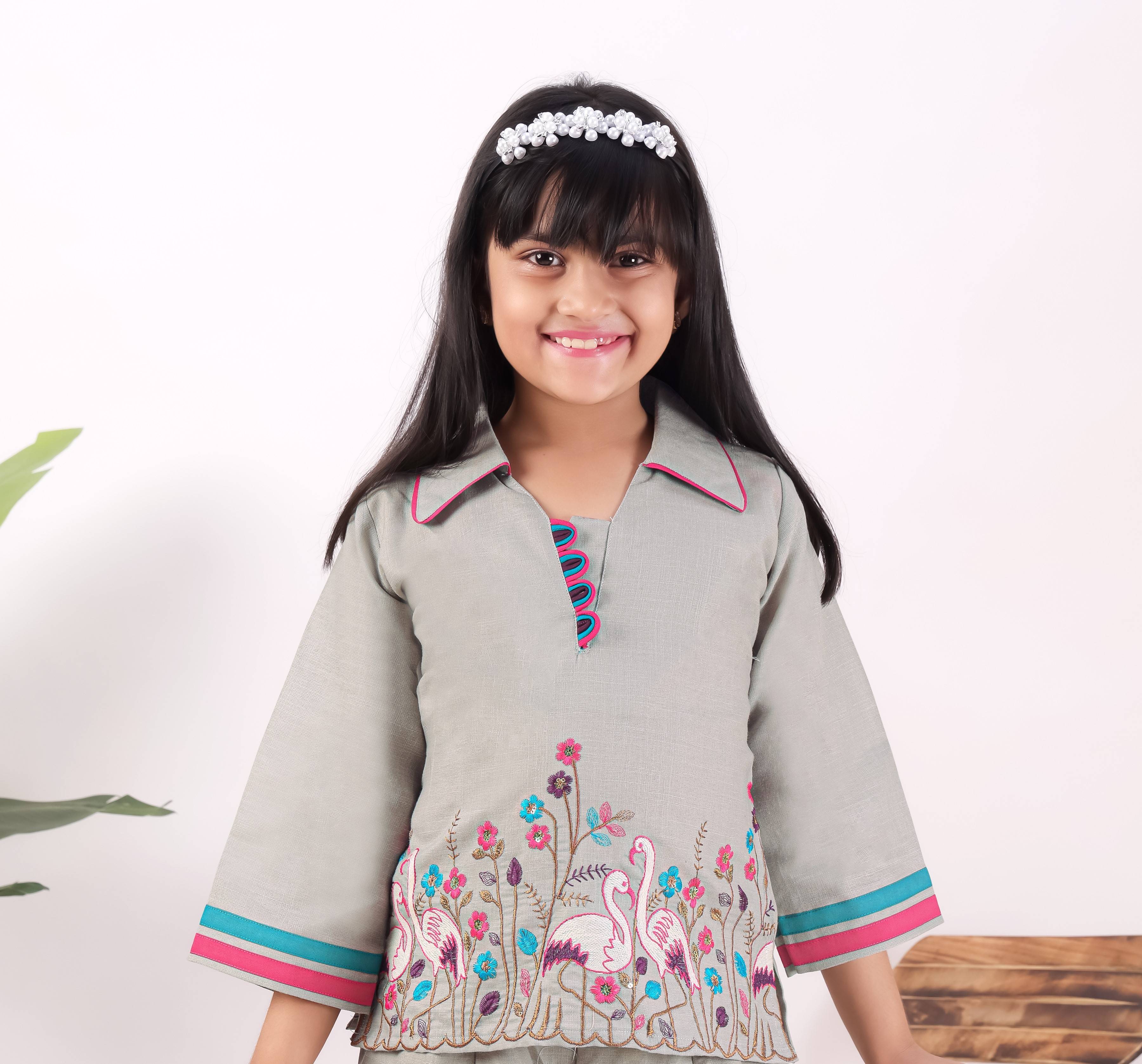 Girls Flamingo Embroidered Co-Ord Set with Wide Leg Pants | Premium Kids Ethnic Wear